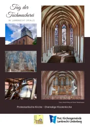 Eine Darstellung der protestantischen Kirche in Lambrecht mit historischen Elementen und wunderschönen Fenstern. Zu sehen sind auch Details wie die Orgel und andere architektonische Merkmale.