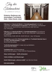 Ein Flyer für den Tag der Tuchmacherei in Lambrecht. Die Veranstaltung bietet Führungen und Ausstellungen in der ehemaligen Tuchfabrik Gebr. Haas.