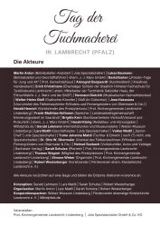 Ein Informationsblatt über den Tag der Tuchmacherei in Lambrecht (Pfalz). Es listet verschiedene Akteure und ihre Rollen auf.