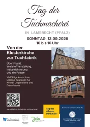 Ein Veranstaltungsposter für den "Tag der Tuchmacherei" in Lambrecht. Es zeigt Informationen über die Veranstaltung, die am Sonntag, den 13.09.2026, von 10 bis 16 Uhr stattfindet.