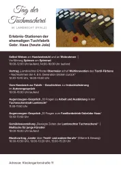 Ein Veranstaltungsflyer zum Tag der Tuchmacherei mit Informationen über Stationen und Aktivitäten. Hervorgehobene Programme in einer ehemaligen Tuchfabrik zeigen traditionelle Handwerkskunst und Textilfärbung.