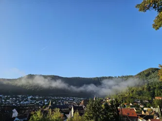 Eine malerische Stadtlandschaft mit Häusern im Vordergrund und einem bewaldeten Hügel im Hintergrund. Der Himmel ist klar und blau, während einige Nebelschwaden die Berge umgeben.