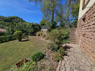 Ein schöner Garten mit grünen Sträuchern und Blumen. Im Hintergrund sind Stufen zu sehen, die zur Terrasse führen.