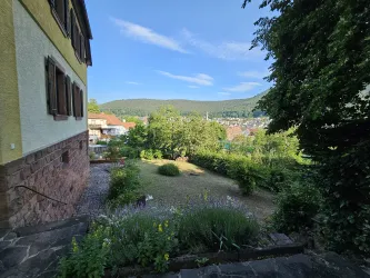 Ein schöner Garten mit Bäumen und bunten Blumen. Im Hintergrund sind sanfte Hügel und ein klarer Himmel zu sehen.