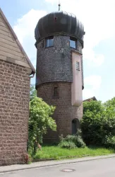 Ein einzigartiger Wasserturm mit einer runden Kuppel steht an einer Straße. Umgeben von grüner Vegetation und alten Gebäuden vermittelt er einen charmanten ländlichen Eindruck.