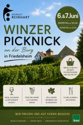 Ein Plakat für das Winzer Picknick an der Burg in Friedelsheim. Es zeigt Informationen zu den Veranstaltungen am 6. und 7. Juni sowie die Angebote vor Ort.
