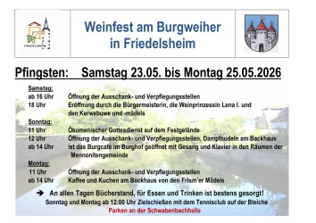 Ein Flyer für das Weinfest am Burgweiher in Friedelsheim. Er zeigt das Datum und das Programm des Festes über das Pfingstwochenende.