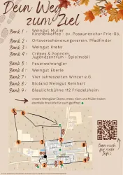 Eine Übersichtskarte mit verschiedenen Stationen für eine Weinprobe. Die Stationen sind durch kleine Symbole und klare Beschriftungen gekennzeichnet.