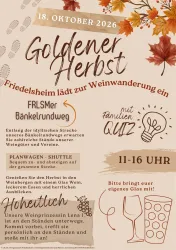 Ein einladendes Plakat für eine Weinwanderung im Friedelsheim am 18. Oktober 2026. Es zeigt Informationen zu Aktivitäten, einem Familienquiz und der Bitte, ein eigenes Glas mitzubringen.