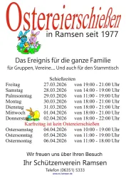 Ein Plakat für das Ostereierschießen in Ramsen seit 1977. Es zeigt die Termine und Zeiten für die Veranstaltung, die für die ganze Familie gedacht ist.