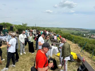 Menschen feiern die kulinarische Weinwanderung auf dem Wartturm
