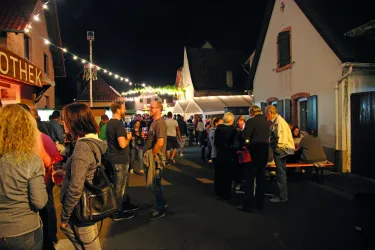 Eine lebhafte Nachtveranstaltung mit vielen Menschen auf der Straße. Lichter schmücken die Umgebung und sorgen für eine festliche Atmosphäre.