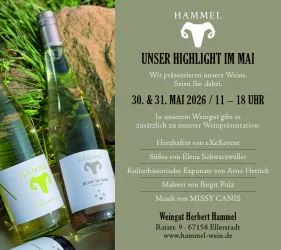 Eine Werbeanzeige für das Weingut Herbert Hammel, die das Veranstaltungshighlight im Mai präsentiert. Zu sehen sind Flaschen Weißwein und Informationen über die Eventzeiten sowie Angebote.