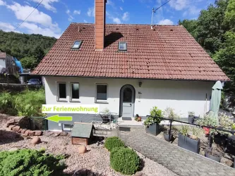 Ein kleines, einladendes Haus mit rotem Dach und einem gepflegten Vorgarten. Ein Weg führt zur Ferienwohnung, die deutlich gekennzeichnet ist.