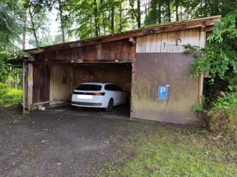 Eine weisse Limousine steht in einer Holzgarage. Umgeben von Bäumen und einer grünen Wiese.