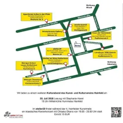 Eine Karte von Hainfeld mit wichtigen Orten und Straßen. Sie zeigt die Lage des atelier29 und andere kulturelle Einrichtungen.