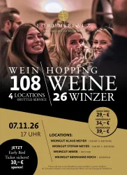 Ein Werbeplakat für eine Weinverkostungsveranstaltung mit fröhlichen Menschen. Die Veranstaltung findet an mehreren Standorten mit Shuttle-Service statt.