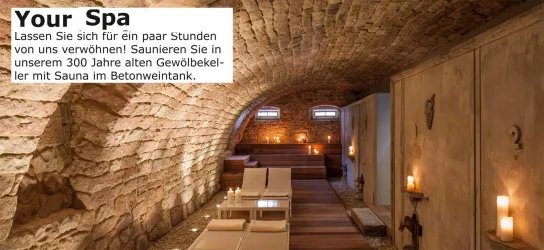 Ein stilvoller Spa-Bereich mit einer gemütlichen Sauna in einem historischen Gewölbekeller. Sanfte Beleuchtung und Holzliegeflächen schaffen eine entspannende Atmosphäre.