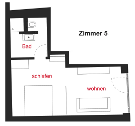 Eine Grundrissskizze von Zimmer 5 mit den Bereichen Bad, Schlafen und Wohnen. Die Räume sind klar markiert und haben einfache Formen.