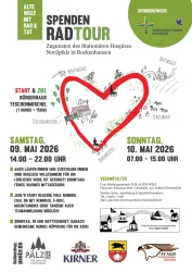 Ein Flyer für eine Spenden-Radtour zugunsten des Stationären Hospizes Nordpfalz in Rockenhausen. Die Veranstaltung findet am 9. und 10. Mai 2026 statt und bietet verschiedene Aktivitäten für Teilnehmer und Zuschauer.