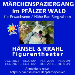 Ein Werbebild für einen Märchenspaziergang im Pfälzer Wald. Es zeigt ein Figurantentheater mit einem charakteristischen Puppenfigur und Informationen zu den Veranstaltungsterminen.