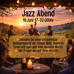 Ein schöner Sommerabend mit Live-Jazz, umgeben von einer malerischen Landschaft. Genießen Sie feinen Wein und leckeres Essen.