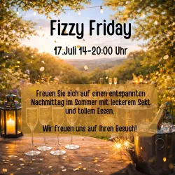 Ein einladender Außenbereich mit Gläsern Sekt und einer Kühlbox. Die Umgebung ist festlich und sommerlich, ideal für ein entspanntes Event.