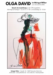 Ein künstlerisches Plakat mit einem abstrakten Bild in kräftigen Farben. Es informiert über die Ausstellung von Olga David im Weingut Wilker.