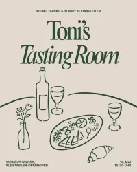 Eine Einladung zu einem Wein- und Verkostungs-Event. Im Vordergrund sind Weinflaschen, Gläser und ein Teller mit Snacks abgebildet.