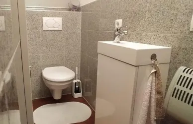 Ein modernes Badezimmer mit einer Dusche und einem Toilettenbecken. Die Wände sind mit grauen Fliesen verkleidet und es gibt einen Waschbeckenunterschrank.