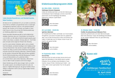 Ein Informationsblatt für das Erlebniswanderprogramm 2026. Es beinhaltet Termine, Aktivitäten und QR-Codes für weitere Informationen.