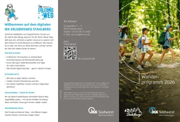 Ein Wanderprogramm für 2026 mit Informationen zur Erlebnisse im Stailberg. Die Darstellung zeigt Kinder, die begeistert in der Natur wandern.