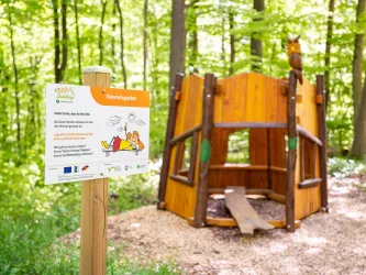 Ein Spielplatz aus Holz in einem Wald mit einem Schild. Der Bereich ist grün und einladend, ideal für Kinder zum Spielen und Entdecken.