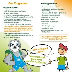 Ein buntes Veranstaltungsprogramm mit verschiedenen Aktivitäten für Kinder und Familien. Darunter sind Wanderungen, Kindergottesdienste und kreative Angebote.