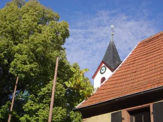 Ein hübsches Gebäude mit einem spitzen Dach und einer Uhr. Im Hintergrund ist ein großer, grüner Baum und ein blauer Himmel zu sehen.