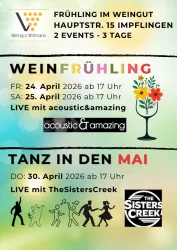 Ein Veranstaltungsplakat für Frühlingsfeste im Weingut Wittmann. Es zeigt Termine und Aktivitäten für Weinfrühling und Tanz in den Mai.