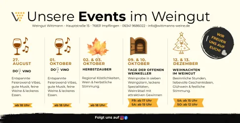 Eine Übersicht der bevorstehenden Veranstaltungen im Weingut Wittmann. Die Events umfassen Weinverkostungen und festliche Feierlichkeiten im Herbst und zu Weihnachten.