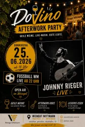 Ein bunter Veranstaltungsflyer für die DoVino Afterwork Party. Zu sehen sind Informationen über Wein, Live-Musik und Fußball, begleitet von einem Abbild eines Singers auf der Bühne.