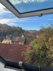 Eine Aussicht auf ein malerisches Dorf mit roten Dachziegeln und bunten Herbstbäumen. Der Himmel ist klar und blau mit einigen Wolken.