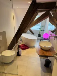 Ein modernes Badezimmer mit Holzdecke und klaren Linien. Es enthält eine freistehende Badewanne, ein Waschbecken auf einem Holzbrett und eine kleine Pflanze.