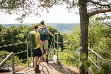 Zwei Wanderer gehen eine kleine Treppe hinunter mit Blick auf eine grüne Landschaft. Die Sonne scheint und der Himmel ist klar.