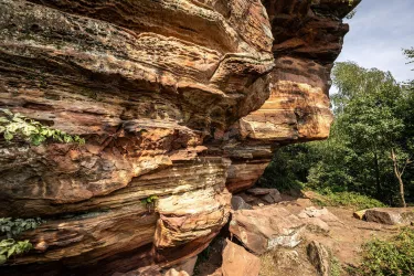Eine beeindruckende Felsformation mit verschiedenen Schichten in Erdtönen. Umgeben von dichter Vegetation und Bäumen.