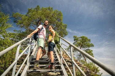 Ein Paar steht auf einer Treppe in der Natur und lächelt. Im Hintergrund sind Bäume und ein blauer Himmel zu sehen.