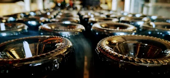 Mehrere Glaskorken stehen in einer Reihe. Die Flaschen haben einen eleganten, dunklen Glanz.