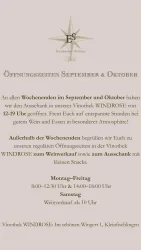 Eine Information über die Öffnungszeiten der Vinothek WINDROSE im September und Oktober. Genießt gute Weine und Snacks in entspannter Atmosphäre.