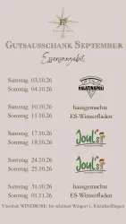 Das Bild zeigt einen Veranstaltungshinweis für einen Gutsausschank im September. Es sind Termine und Essensangebote aufgeführt, präsentiert in einem schlichten Design.