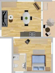 Eine moderne Wohnraumaufteilung mit einem Wohnzimmer, Essbereich und Schlafzimmer. Der Boden ist hell und es sind elegante Möbel vorhanden.