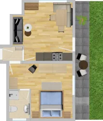 Eine einfache Wohnungseinrichtung mit einem Wohnzimmer, Schlafzimmer und einer kleinen Terrasse. Der Boden ist aus hellem Holz und die Möbel sind modern und funktional.