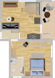 Eine Grundrissdarstellung einer Wohnung mit Wohnbereich, Küche und Schlafzimmer. Der Außenbereich zeigt einen Tisch mit Stühlen und einen Sonnenschirm.