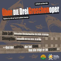 Ein Plakat für eine moderne Jazzveranstaltung, die die Drei Groschenoper präsentiert. Es zeigt Details zu den Aufführungen und den Künstlern.
